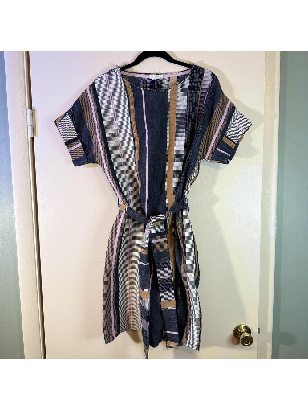 34N 110W Anthropologie Austen Striped Dress Size S Belted Raw Hem Made in USA